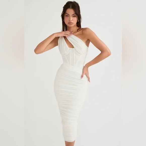 House of CB Valentina White Asymmetric Cutout Midi Dress Size Small - Picture 1 of 10